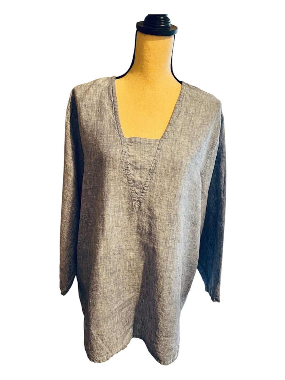Flax Chambray Blue Linen Long Sleeve V Neck Tunic L